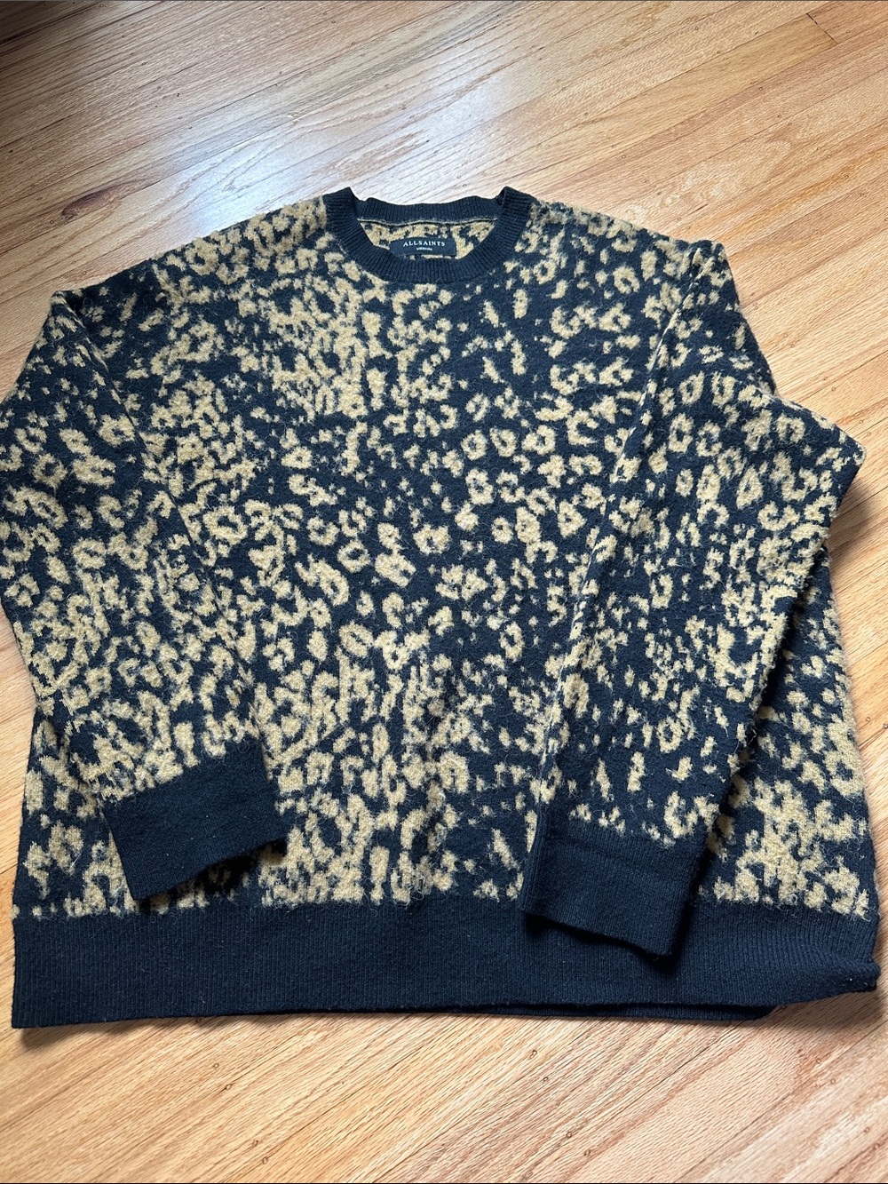 AllSaints Black and Tan Leopard-Print Crewneck wool blend/alpaca sweater- Size M